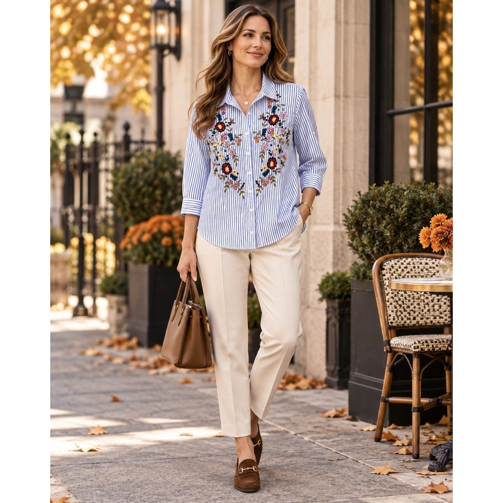 Womens M Blue White Striped Floral Embroidered Cotton Button Down Blouse Preppy